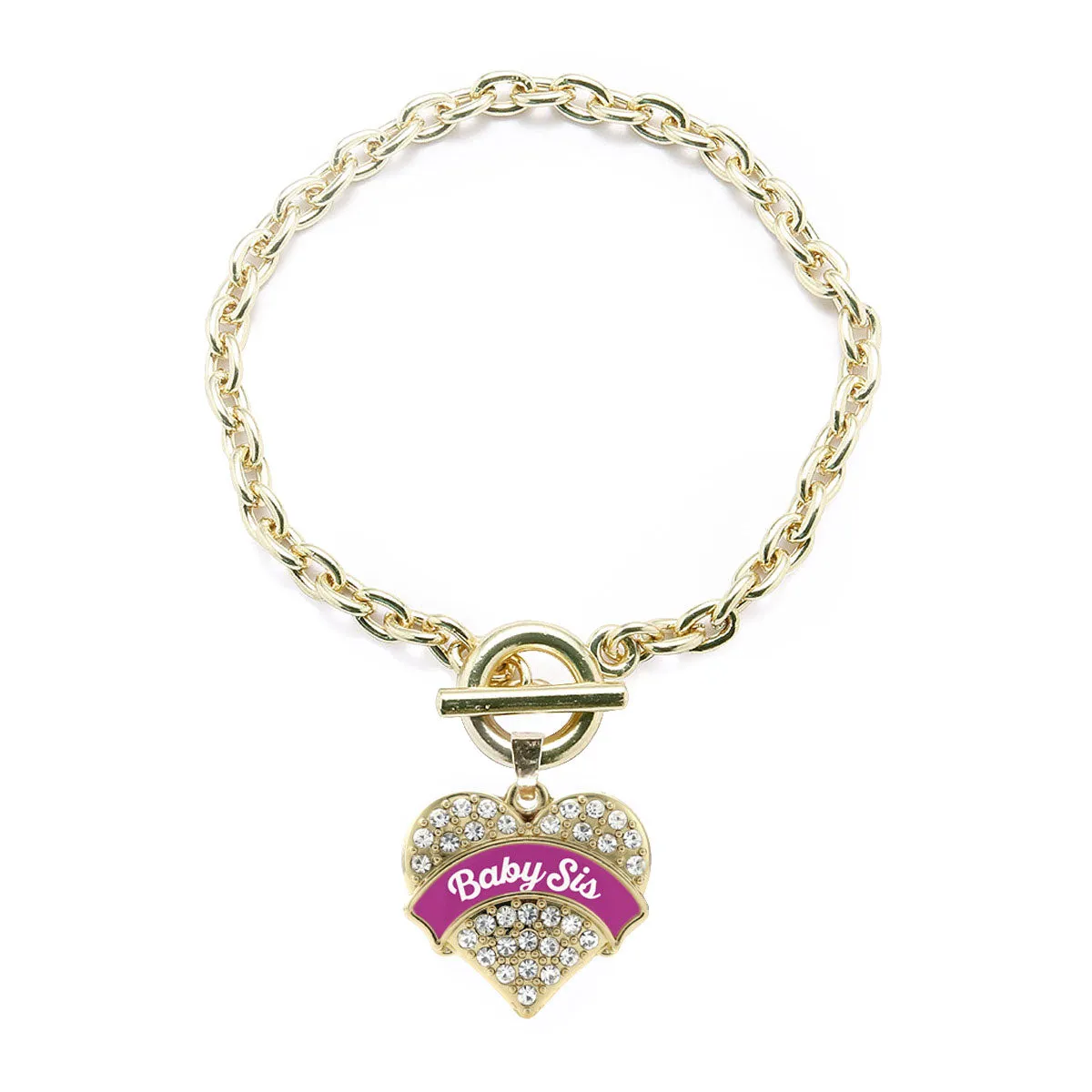 Gold Magenta Baby Sister Pave Heart Charm Toggle Bracelet