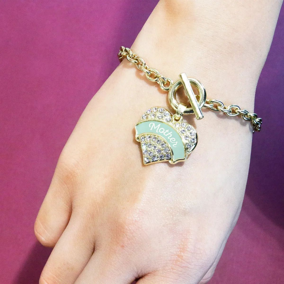 Gold Mint Mother Pave Heart Charm Toggle Bracelet