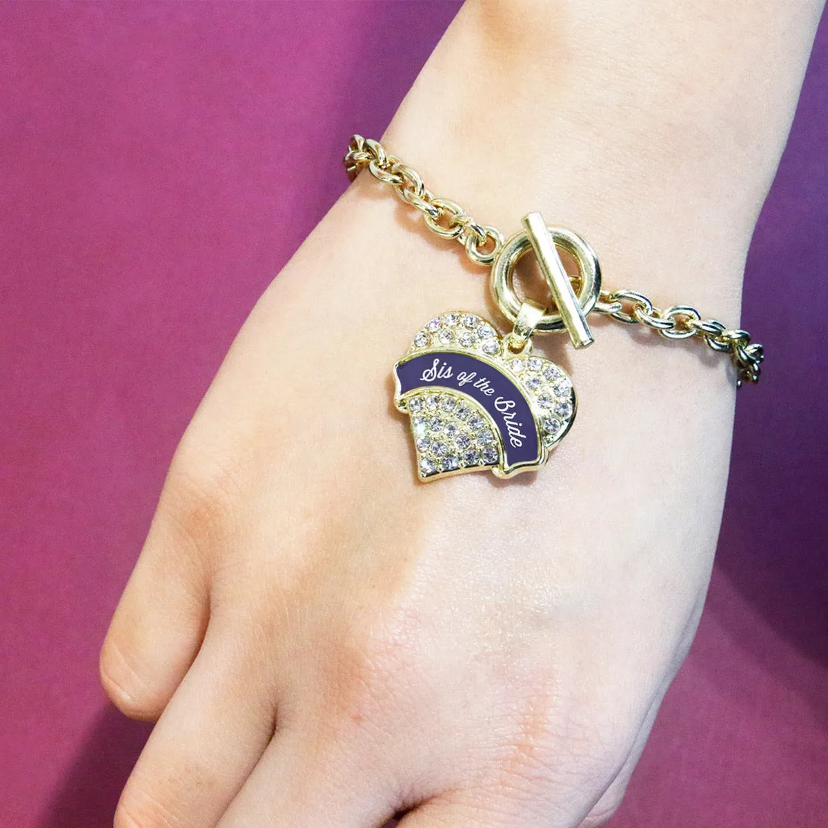 Gold Navy Blue Sis of the Bride Pave Heart Charm Toggle Bracelet