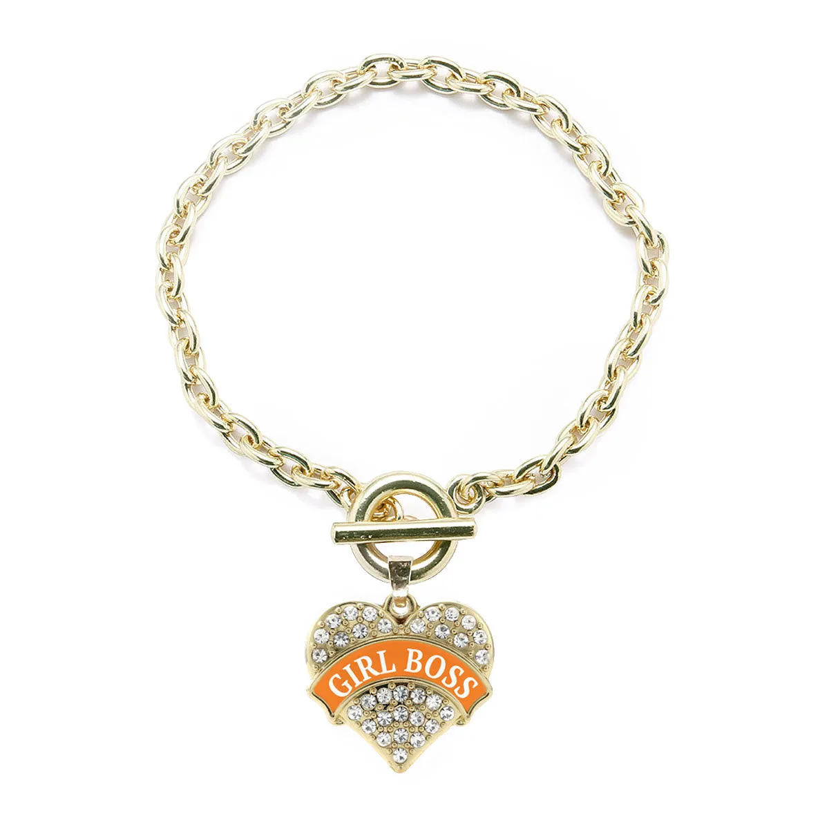 Gold Orange Girl Boss Pave Heart Charm Toggle Bracelet