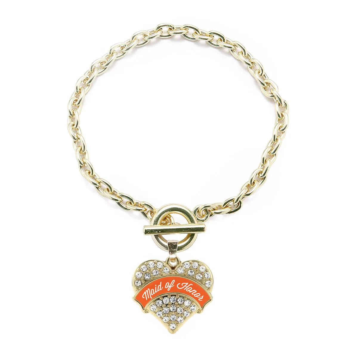 Gold Orange Maid of Honor Pave Heart Charm Toggle Bracelet