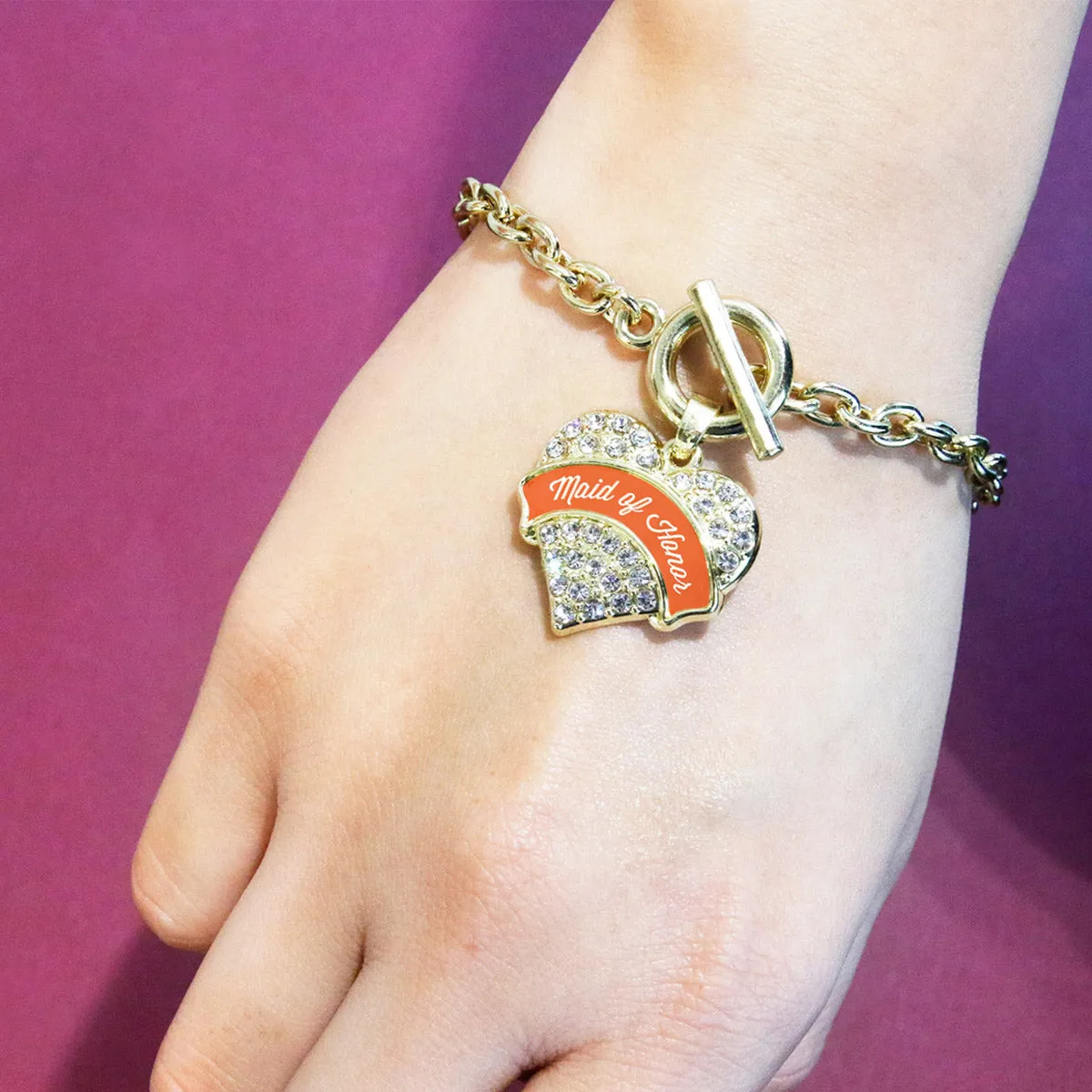 Gold Orange Maid of Honor Pave Heart Charm Toggle Bracelet