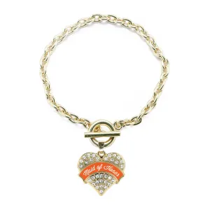 Gold Orange Maid of Honor Pave Heart Charm Toggle Bracelet