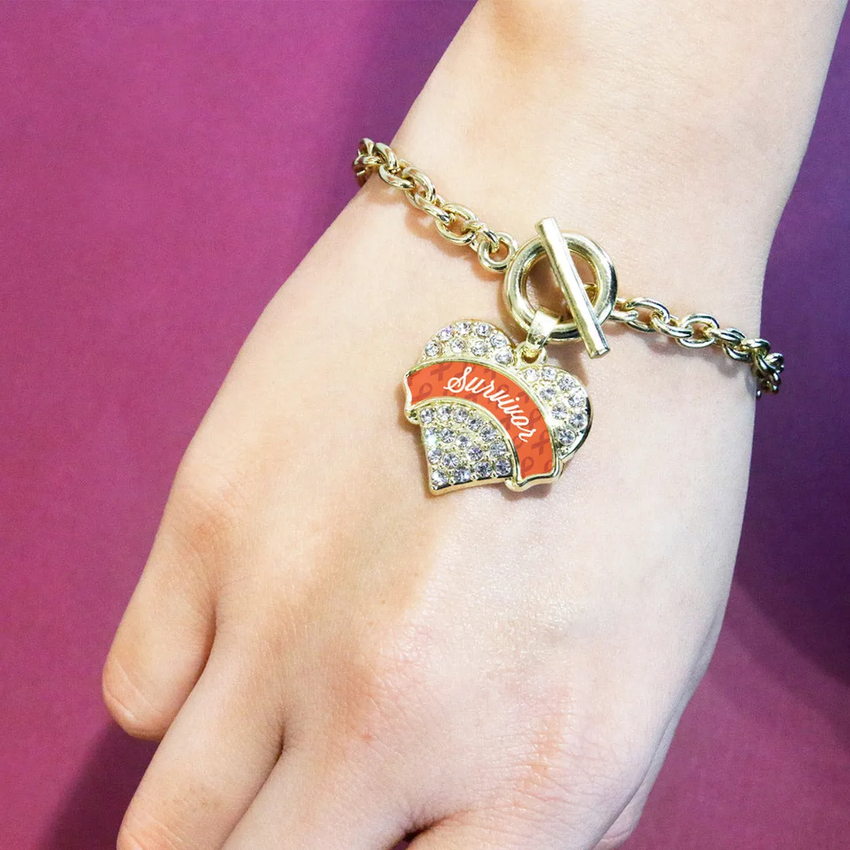Gold Orange Survivor Pave Heart Charm Toggle Bracelet