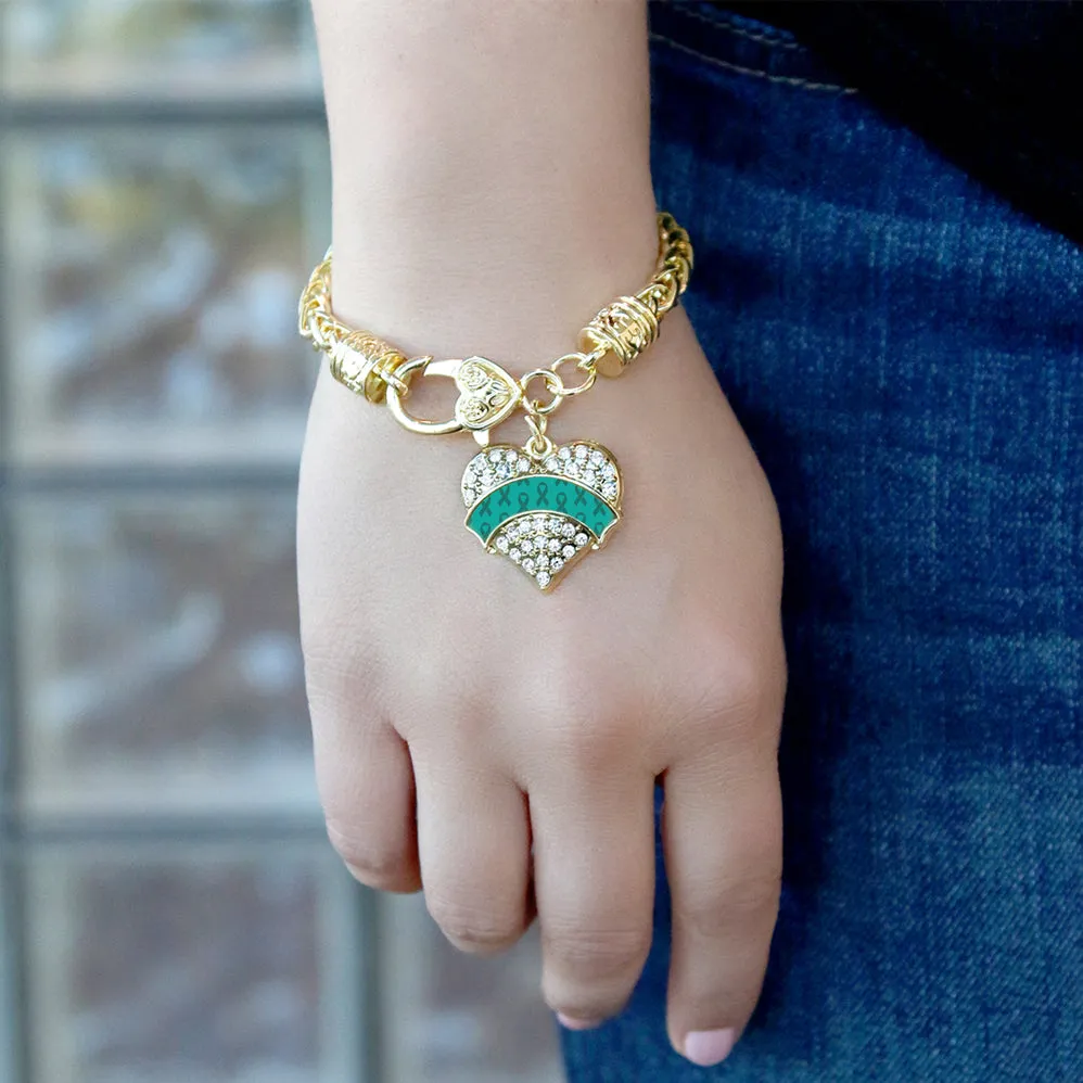 Gold Teal Ribbon Support Pave Heart Charm Braided Bracelet