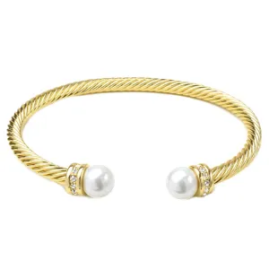 Gold Twisted Cable CZ & Pearl Open Cuff Bracelet