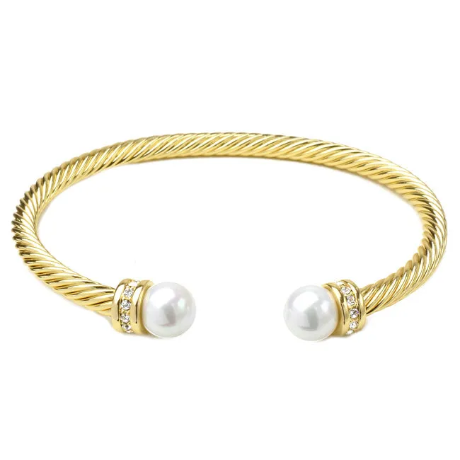 Gold Twisted Cable CZ & Pearl Open Cuff Bracelet