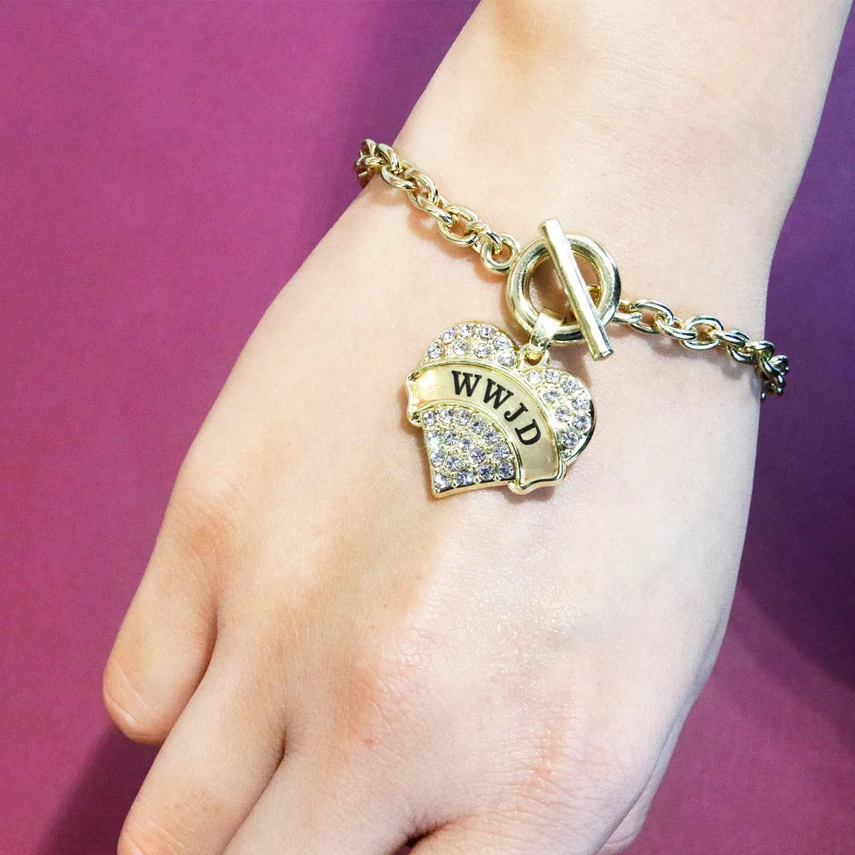 Gold WWJD Pave Heart Charm Toggle Bracelet