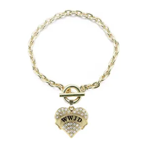 Gold WWJD Pave Heart Charm Toggle Bracelet