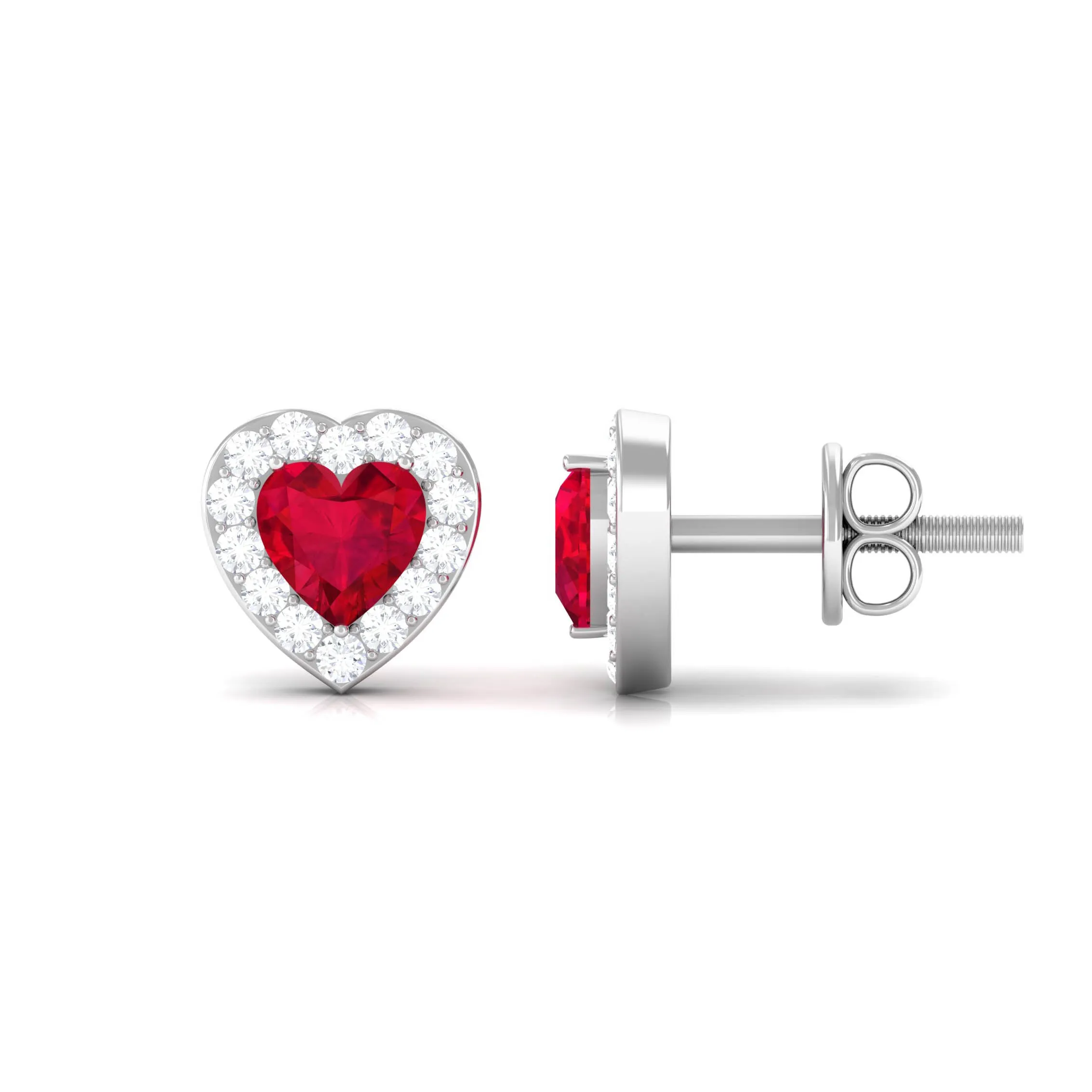 Heart Shape Lab Grown Ruby Halo Stud Earrings with Diamond