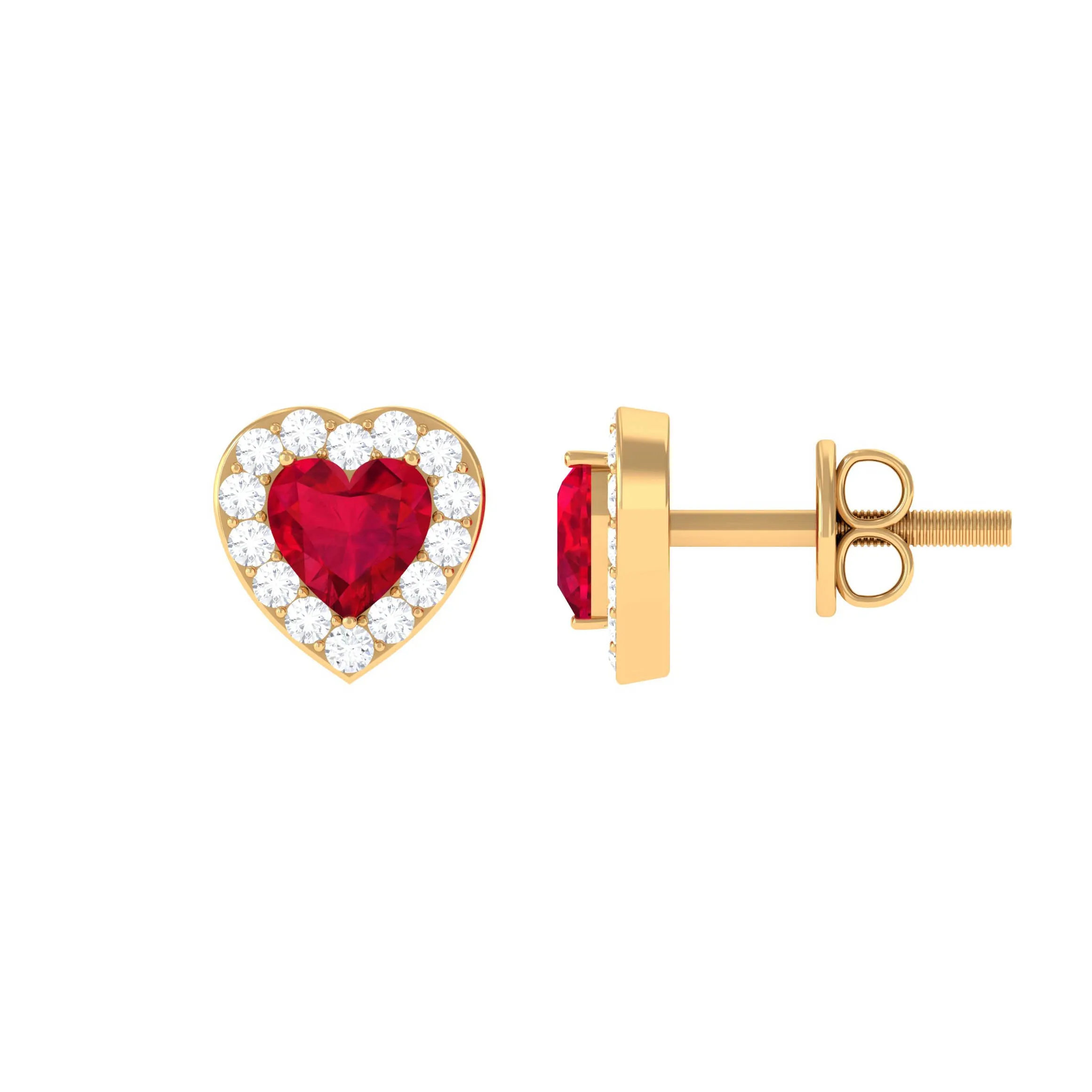 Heart Shape Lab Grown Ruby Halo Stud Earrings with Diamond
