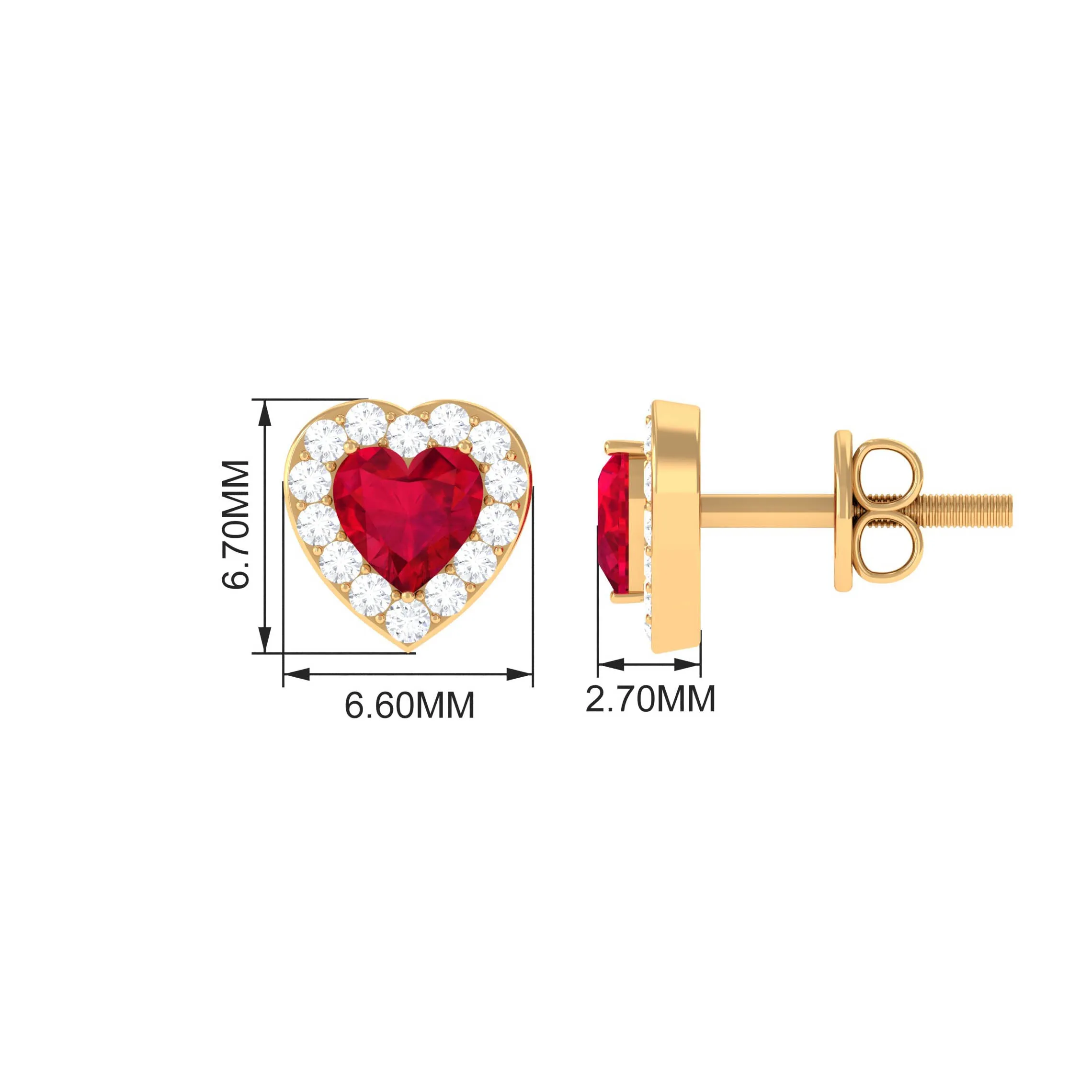 Heart Shape Lab Grown Ruby Halo Stud Earrings with Diamond