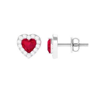 Heart Shape Lab Grown Ruby Halo Stud Earrings with Diamond