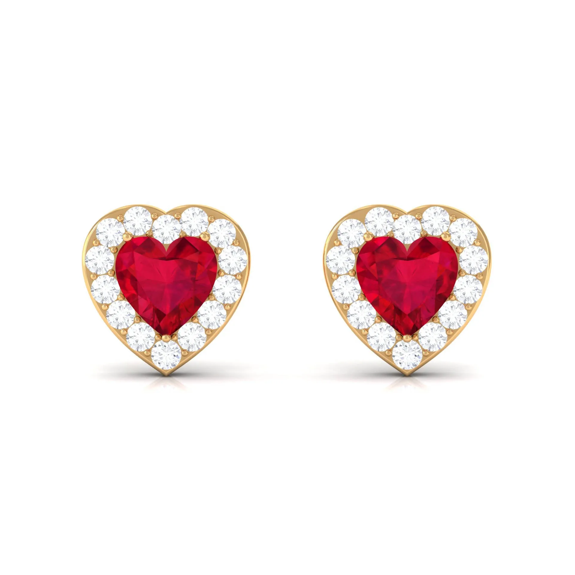 Heart Shape Lab Grown Ruby Halo Stud Earrings with Diamond