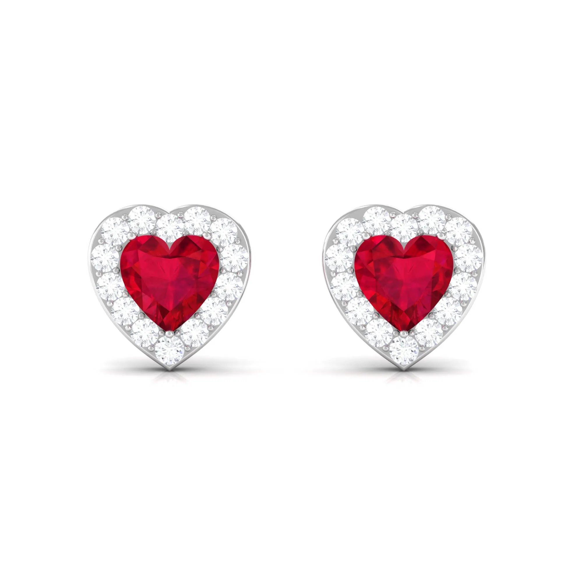 Heart Shape Lab Grown Ruby Halo Stud Earrings with Diamond