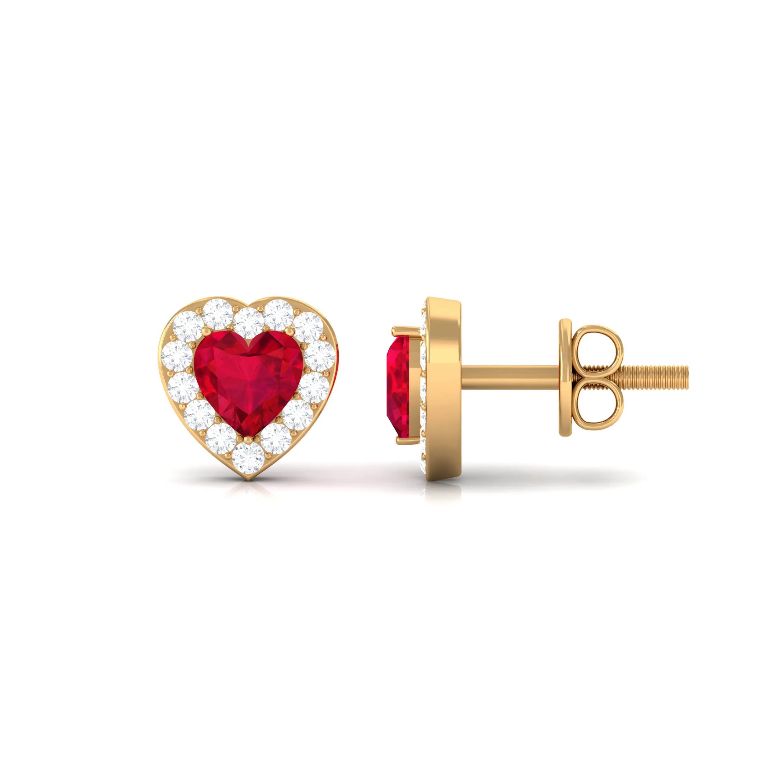 Heart Shape Lab Grown Ruby Halo Stud Earrings with Diamond