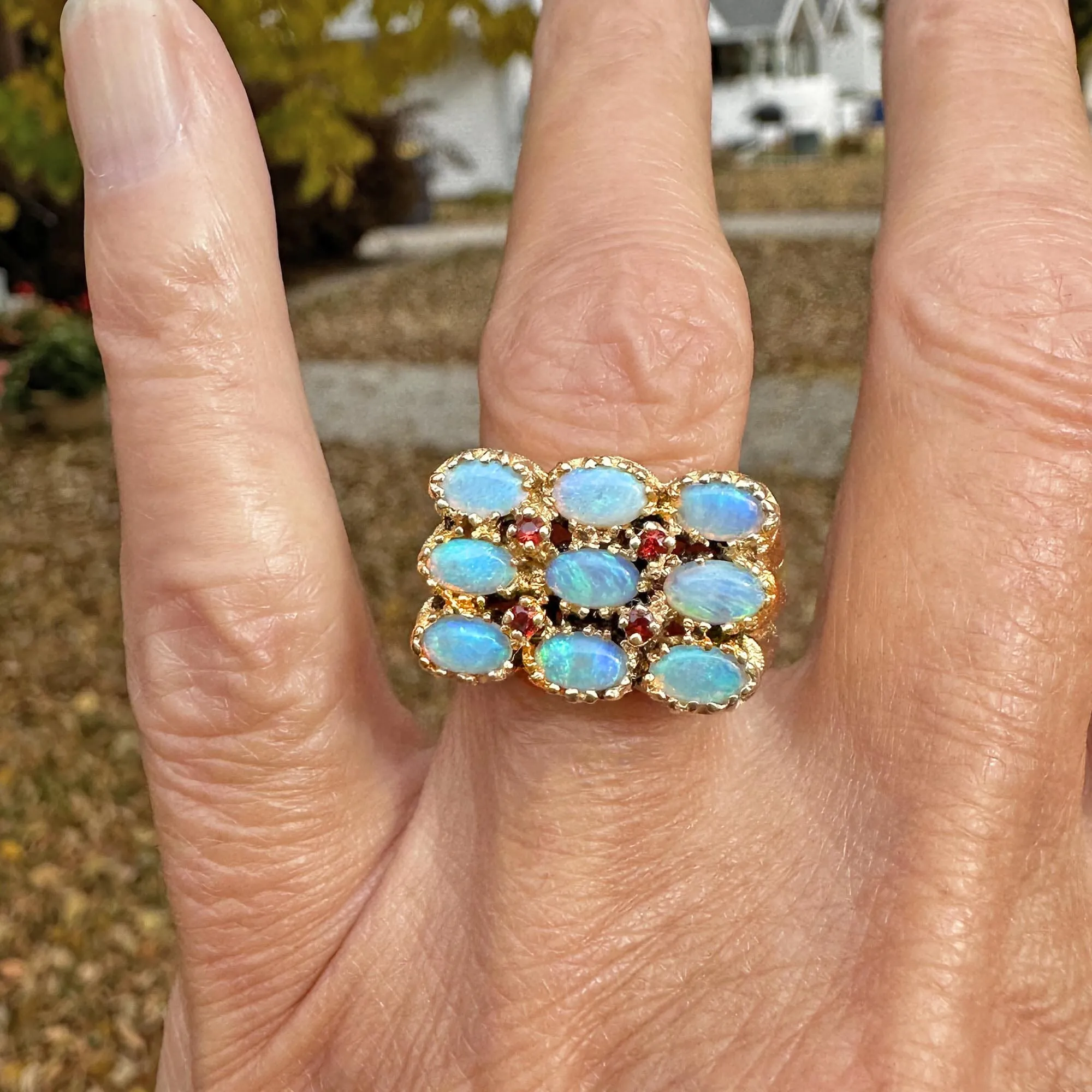 Heavy 14K Gold Ruby Accent Opal Cocktail Ring