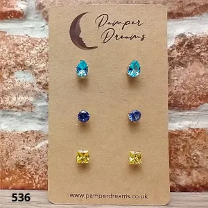 Hypoallergenic Stainless Steel CZ & Opalite Earring Set 3 Pairs Gold Colour 536