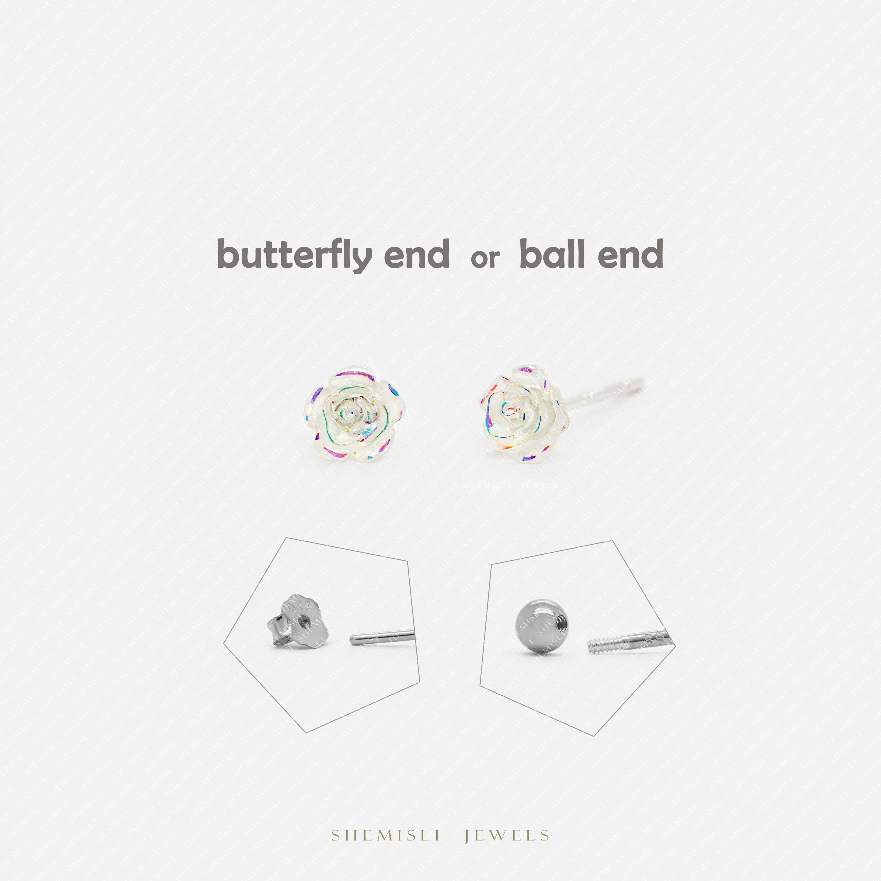 Iridescent Clear Rose Flower Stud Earrings, SHEMISLI SS445 Butterfly End, SS792 Screw Ball End (Type A)