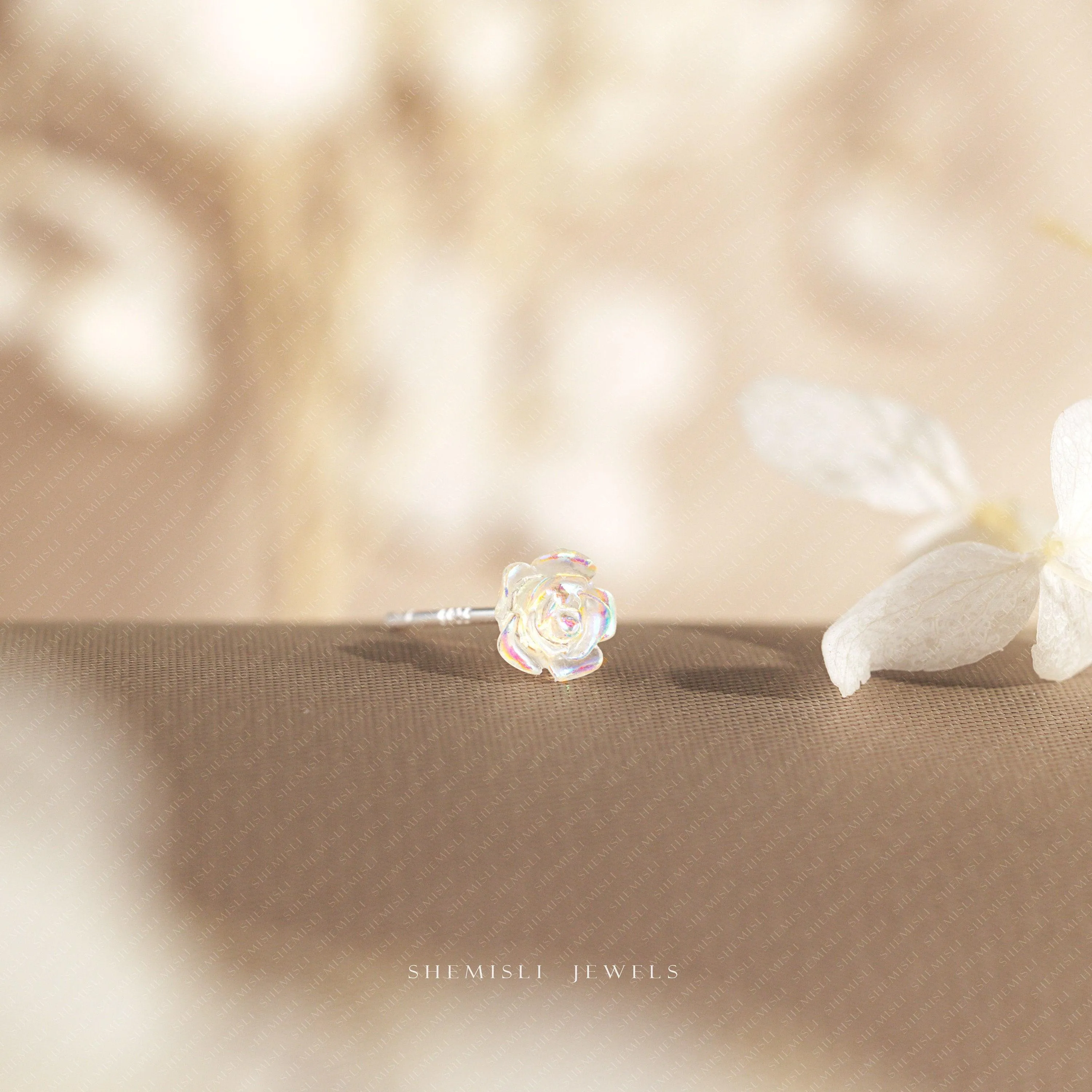 Iridescent Clear Rose Flower Stud Earrings, SHEMISLI SS445 Butterfly End, SS792 Screw Ball End (Type A)