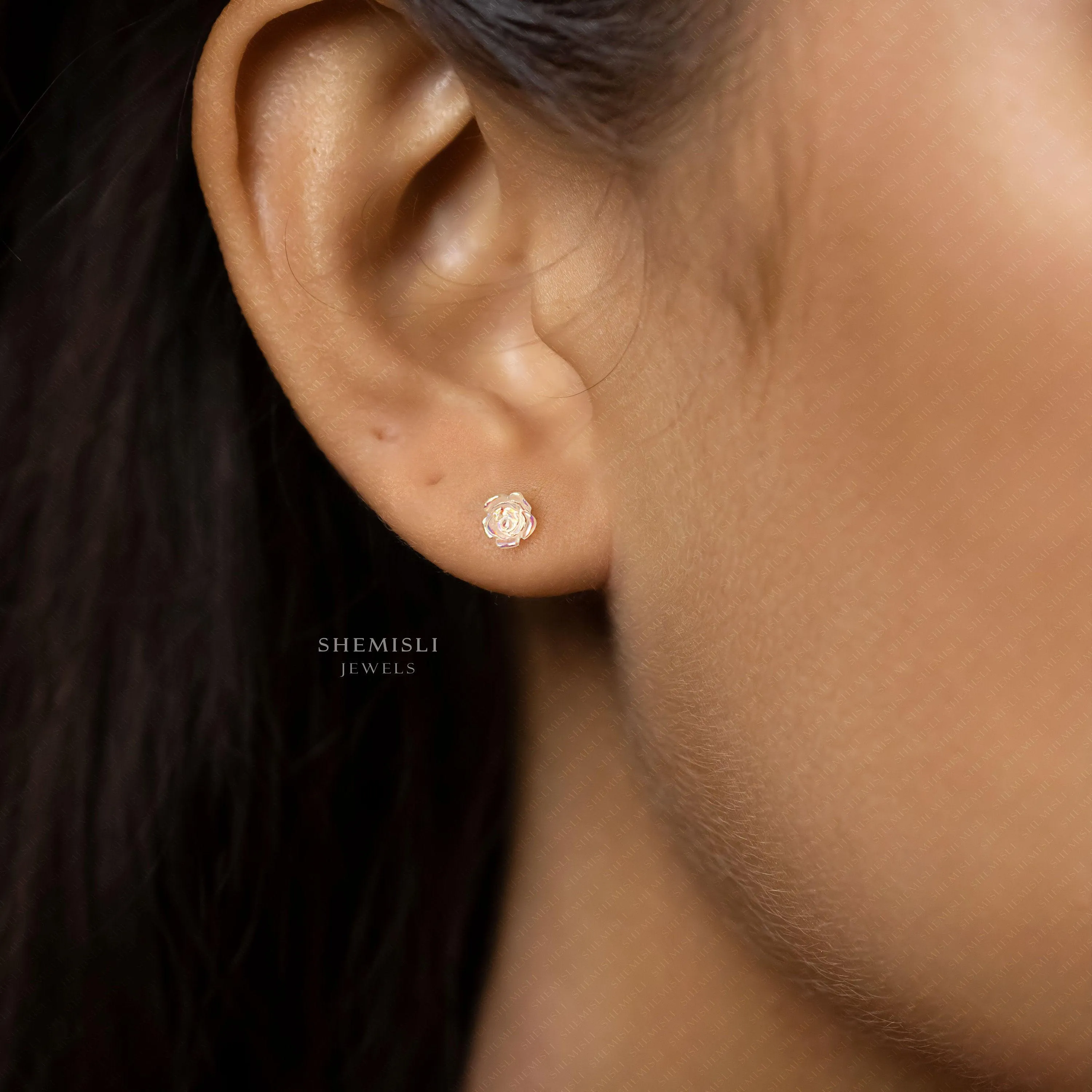 Iridescent Clear Rose Flower Stud Earrings, SHEMISLI SS445 Butterfly End, SS792 Screw Ball End (Type A)