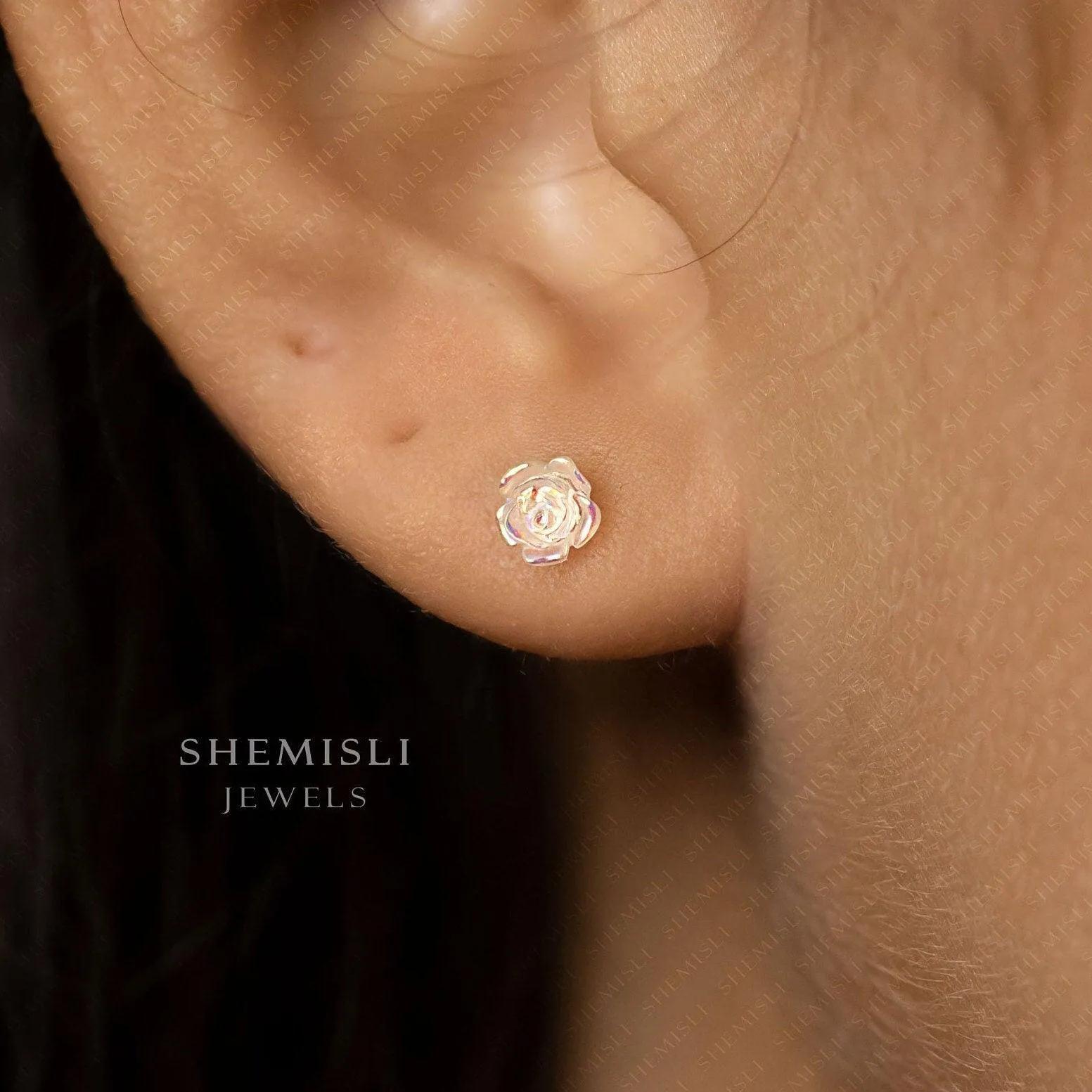 Iridescent Clear Rose Flower Stud Earrings, SHEMISLI SS445 Butterfly End, SS792 Screw Ball End (Type A)