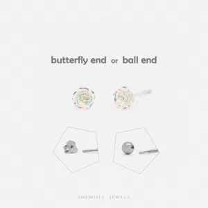 Iridescent Clear Rose Flower Stud Earrings, SHEMISLI SS445 Butterfly End, SS792 Screw Ball End (Type A)