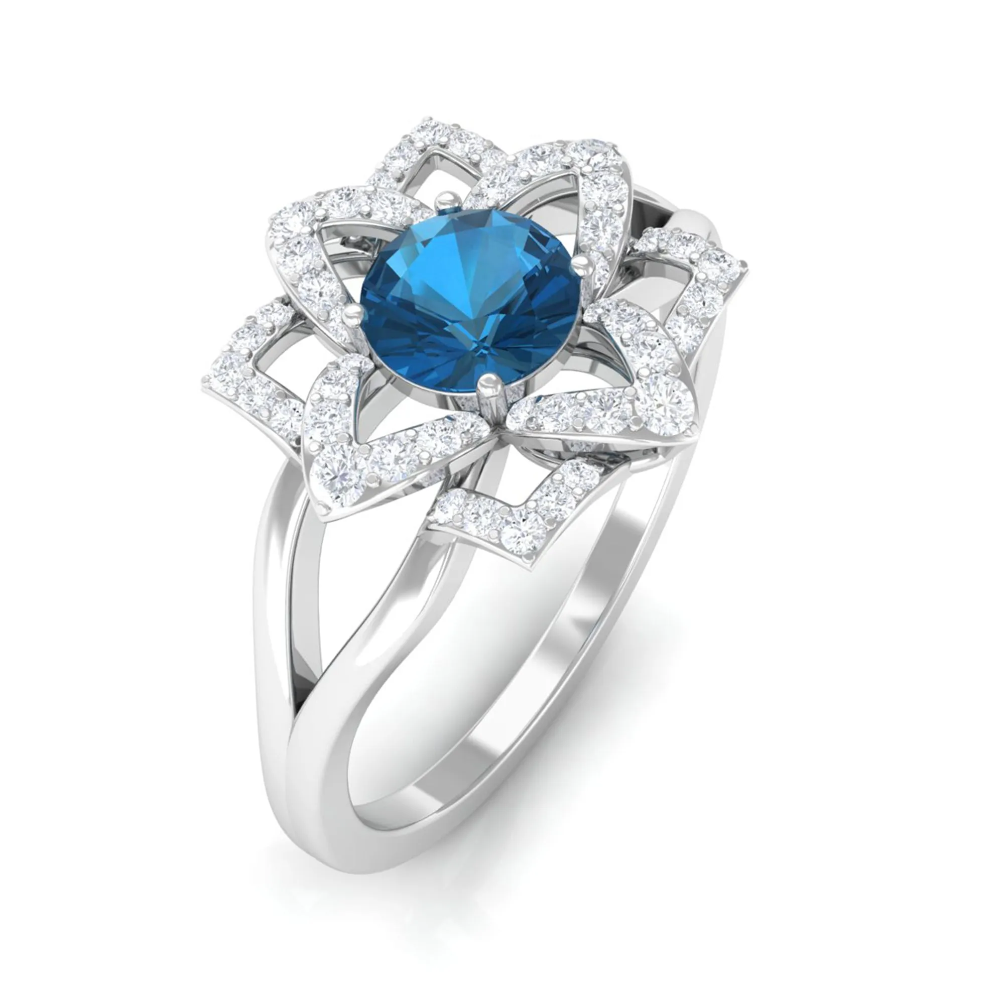 London Blue Topaz and Diamond Flower Engagement Ring