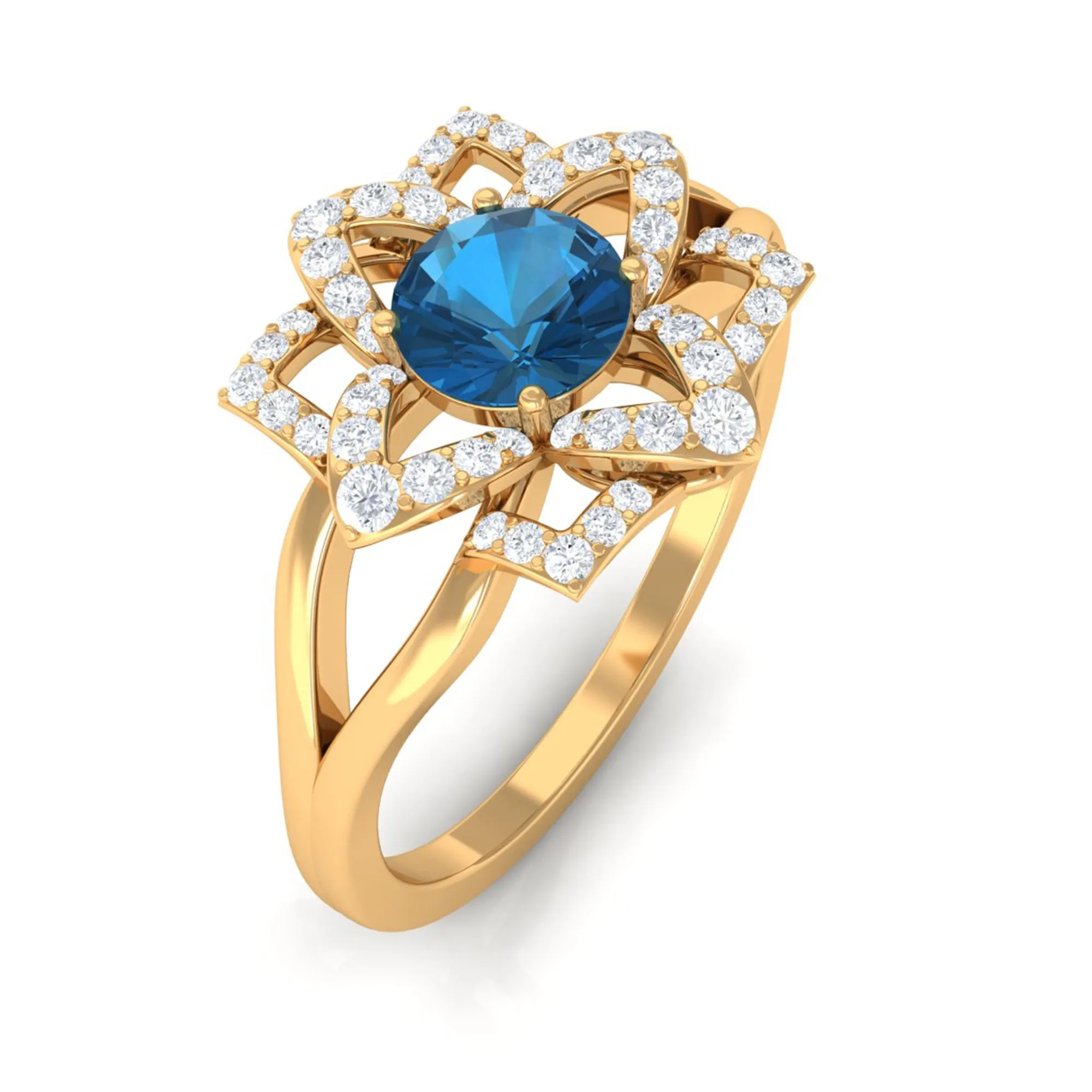 London Blue Topaz and Diamond Flower Engagement Ring