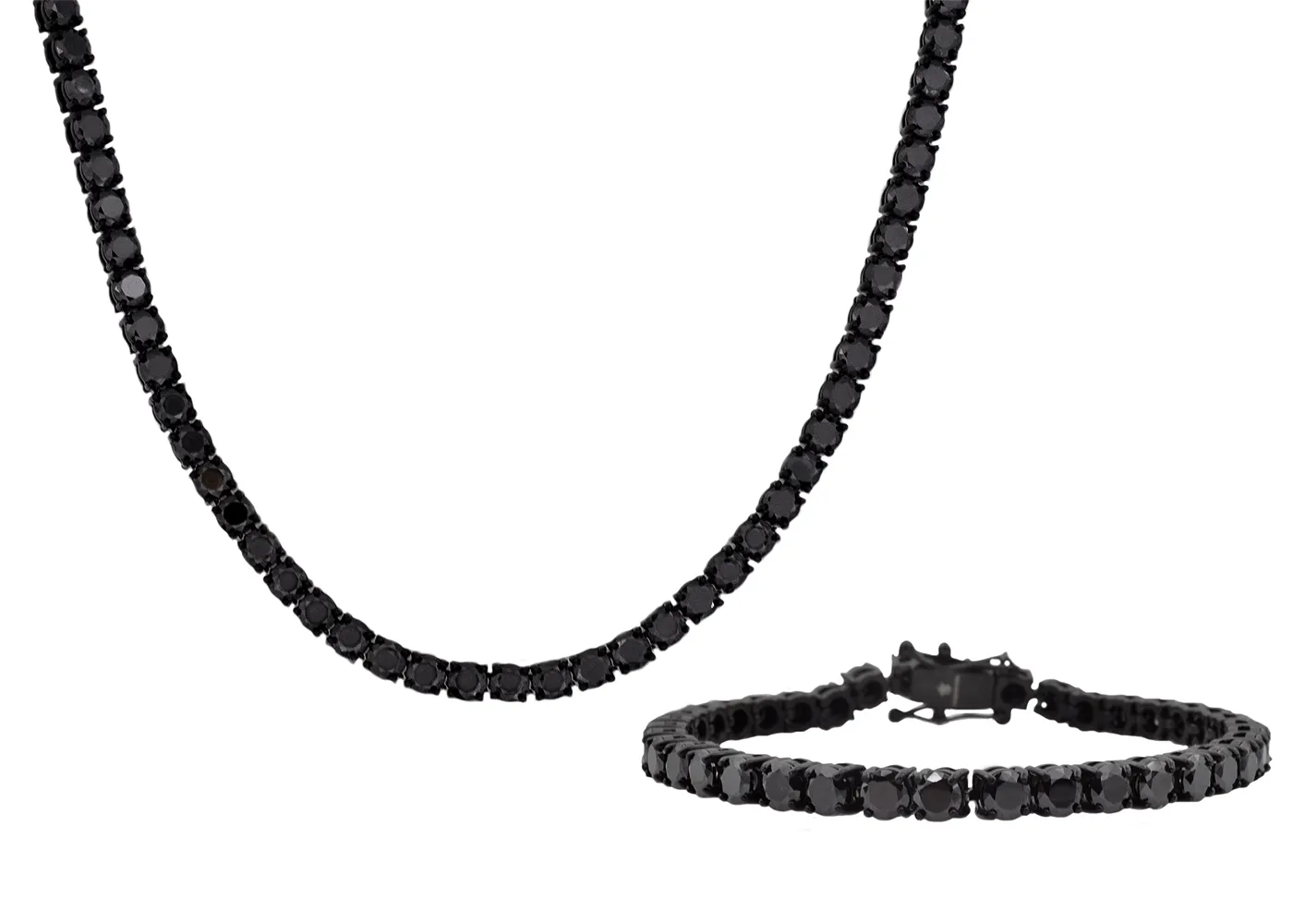 Mens Black Stainless Steel 5mm Black Cubic Zirconia Tennis Bracelet And Necklace Set