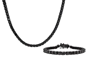 Mens Black Stainless Steel 5mm Black Cubic Zirconia Tennis Bracelet And Necklace Set