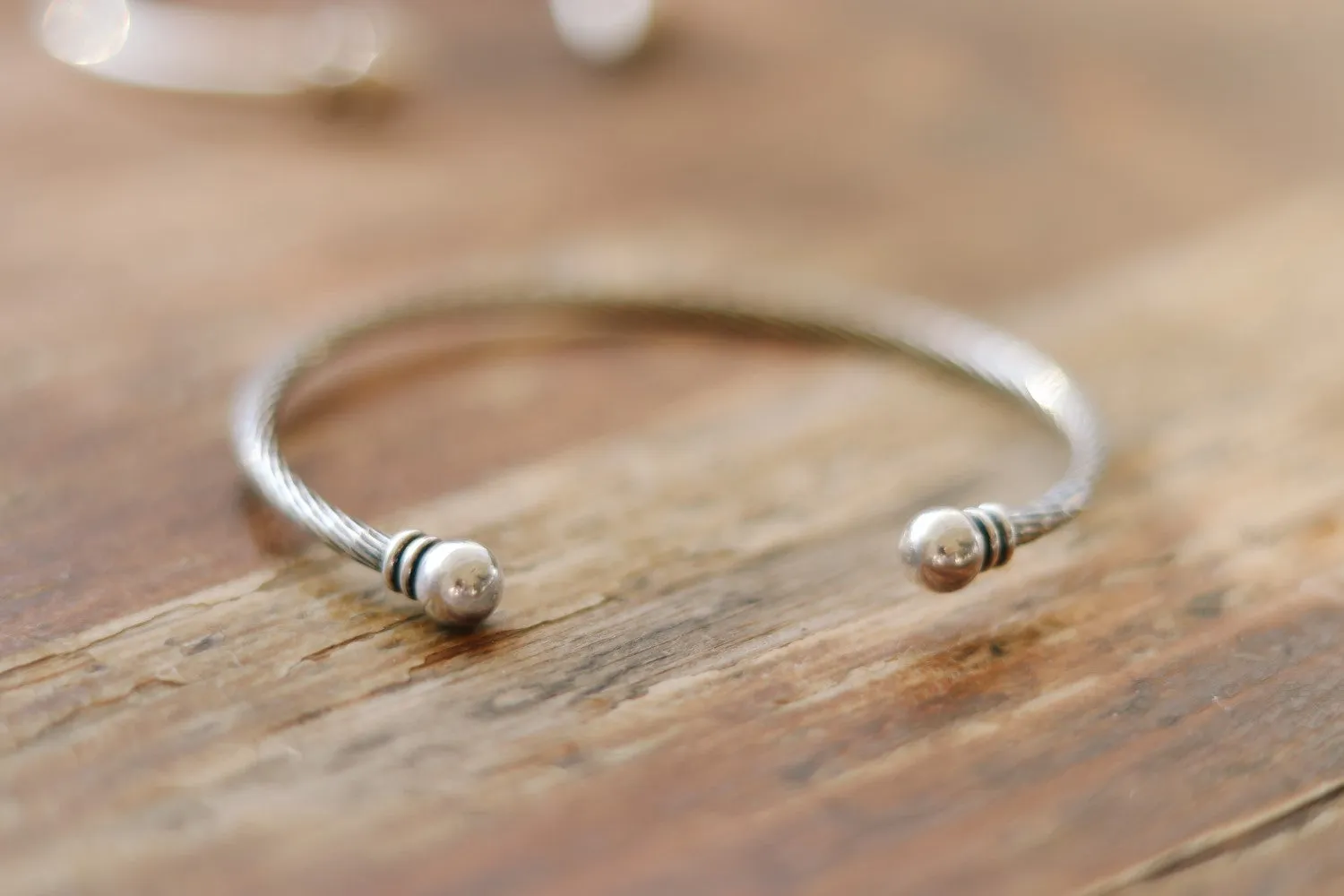 Men's bracelet, silver open cuff bracelet for men, balls edges tips, adjustable bangle, rustic stacking bracelet, gift for him, mens jewelry