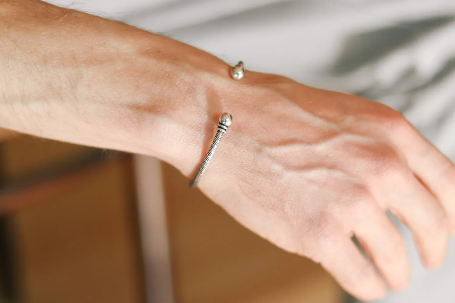 Men's bracelet, silver open cuff bracelet for men, balls edges tips, adjustable bangle, rustic stacking bracelet, gift for him, mens jewelry