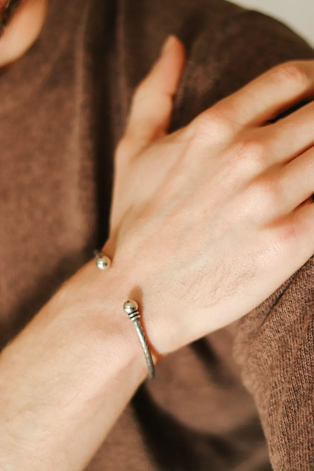 Men's bracelet, silver open cuff bracelet for men, balls edges tips, adjustable bangle, rustic stacking bracelet, gift for him, mens jewelry