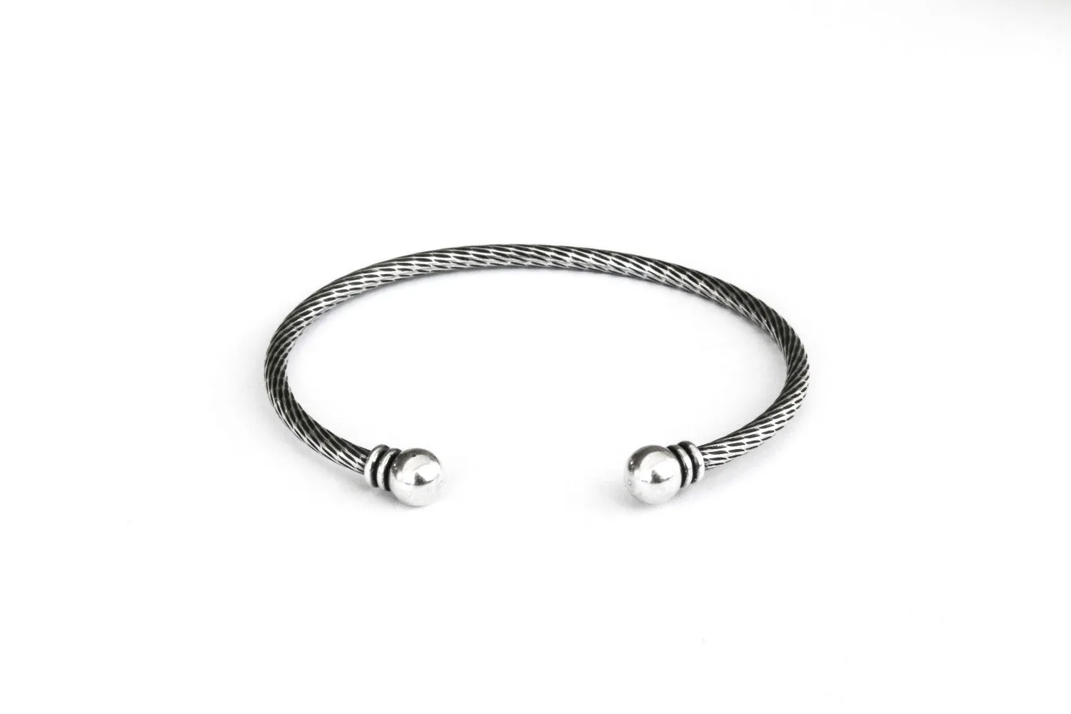Men's bracelet, silver open cuff bracelet for men, balls edges tips, adjustable bangle, rustic stacking bracelet, gift for him, mens jewelry