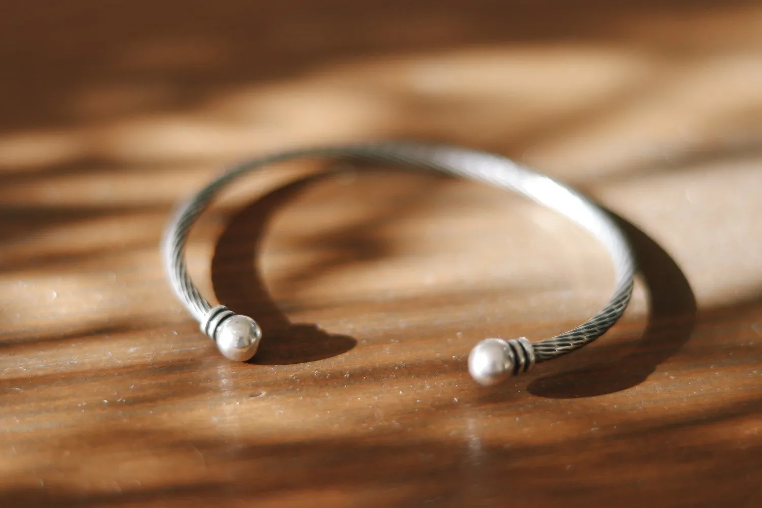 Men's bracelet, silver open cuff bracelet for men, balls edges tips, adjustable bangle, rustic stacking bracelet, gift for him, mens jewelry