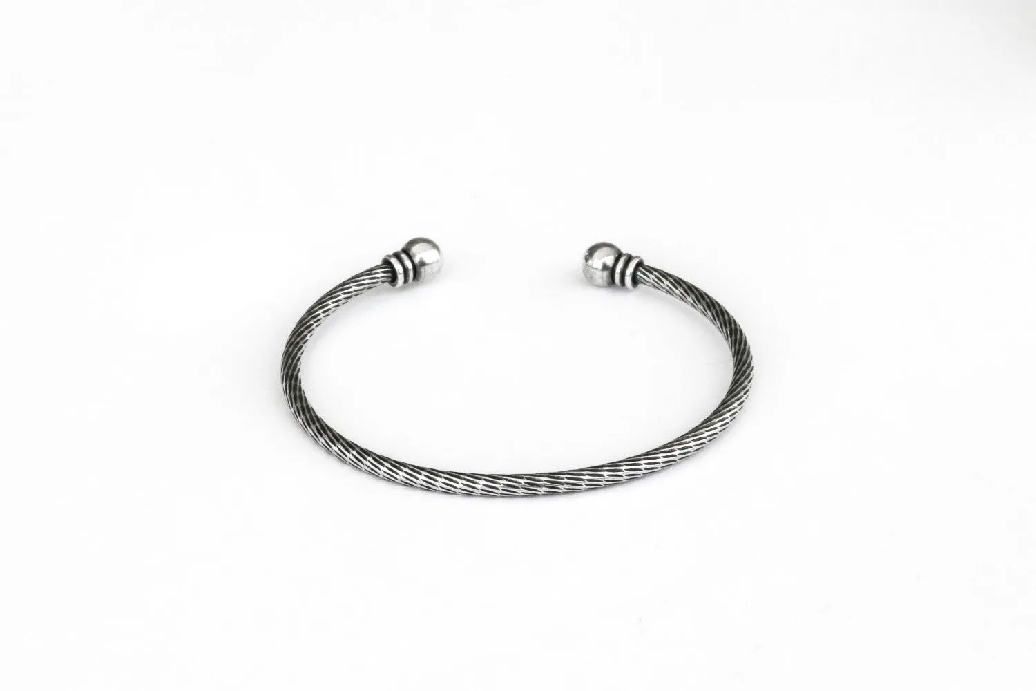 Men's bracelet, silver open cuff bracelet for men, balls edges tips, adjustable bangle, rustic stacking bracelet, gift for him, mens jewelry