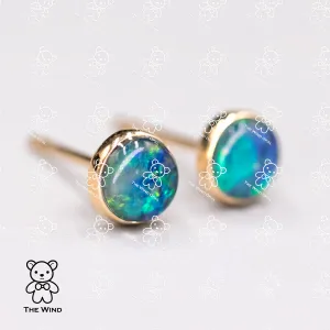 Minimalist 6x6 mm Round Shaped Australian Triplet Opal Stud Earrings 18K Yellow Gold