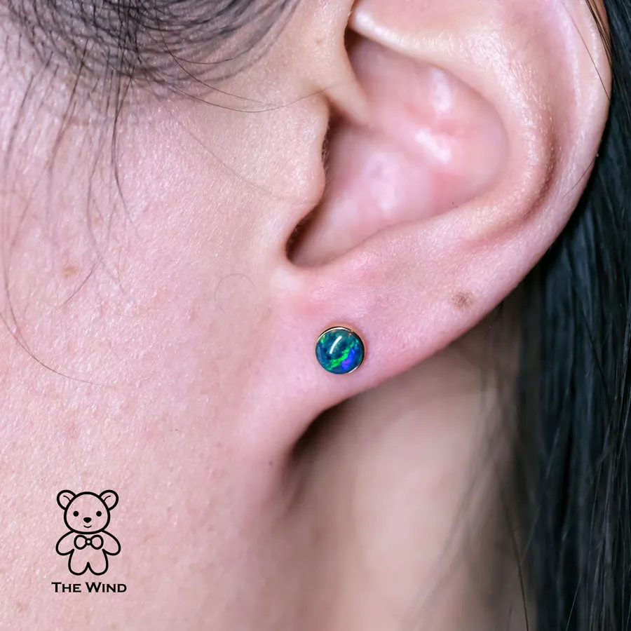 Minimalist 6x6 mm Round Shaped Australian Triplet Opal Stud Earrings 18K Yellow Gold