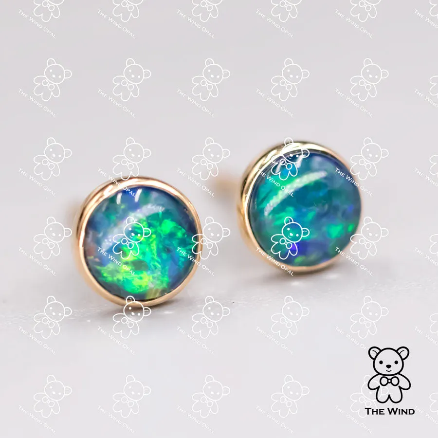 Minimalist 6x6 mm Round Shaped Australian Triplet Opal Stud Earrings 18K Yellow Gold