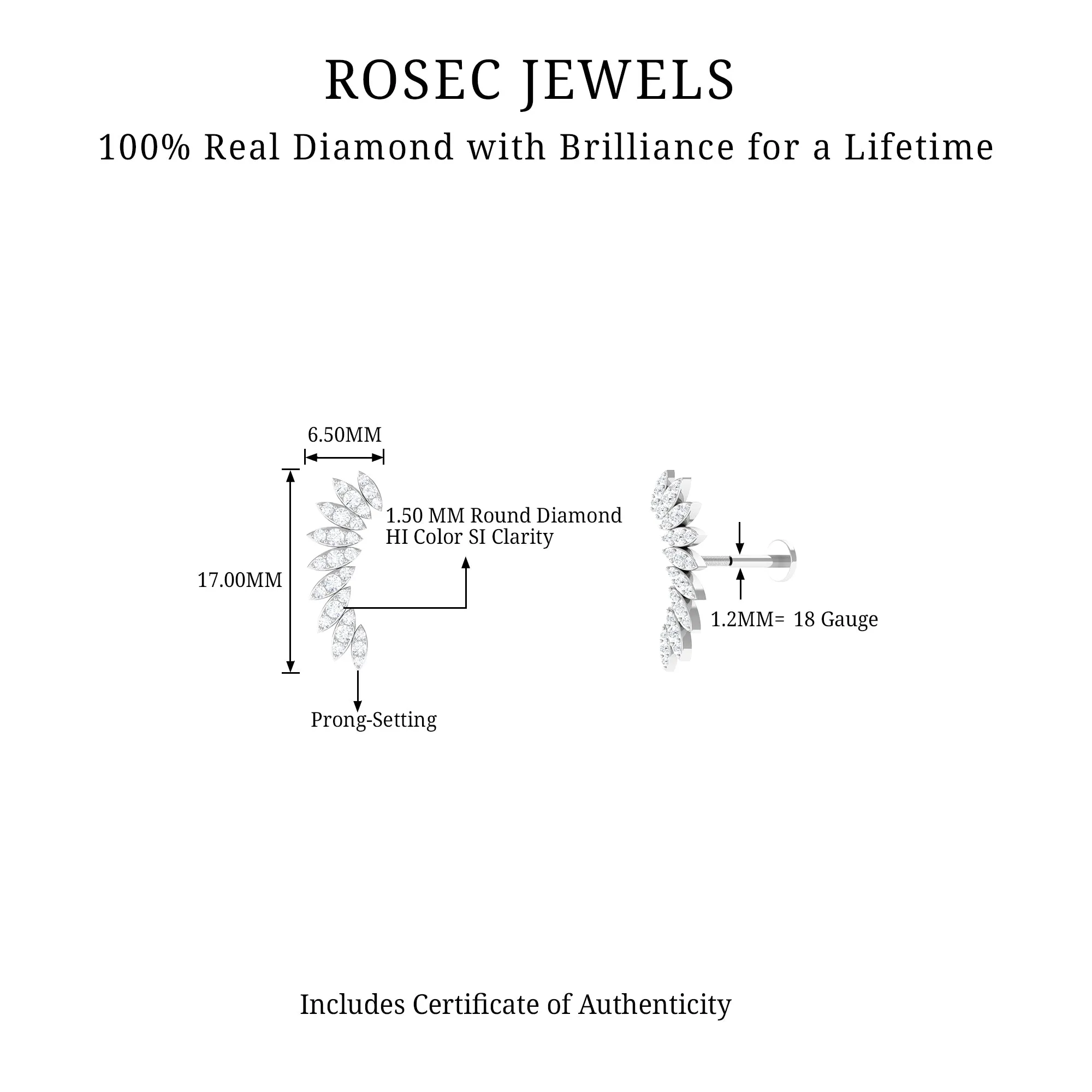 Natural Diamond Wing Crawler Earring for Helix Piercing