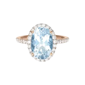 Oval Aquamarine and Diamond Halo Ring in 18k Rose Gold