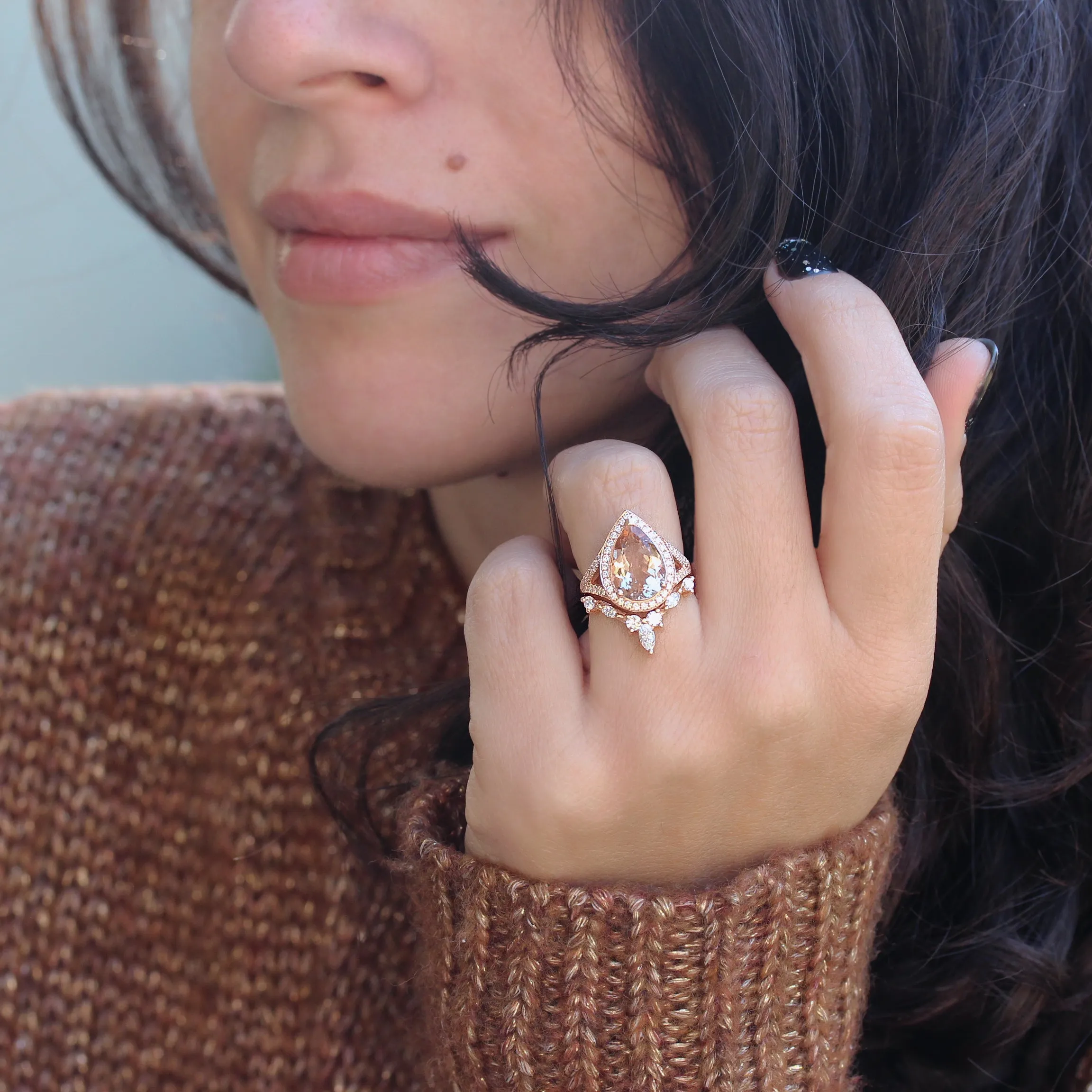 Pear 3.0ct big Morganite & Diamond Halo Bridal Two Ring Set, Nia Cocktail