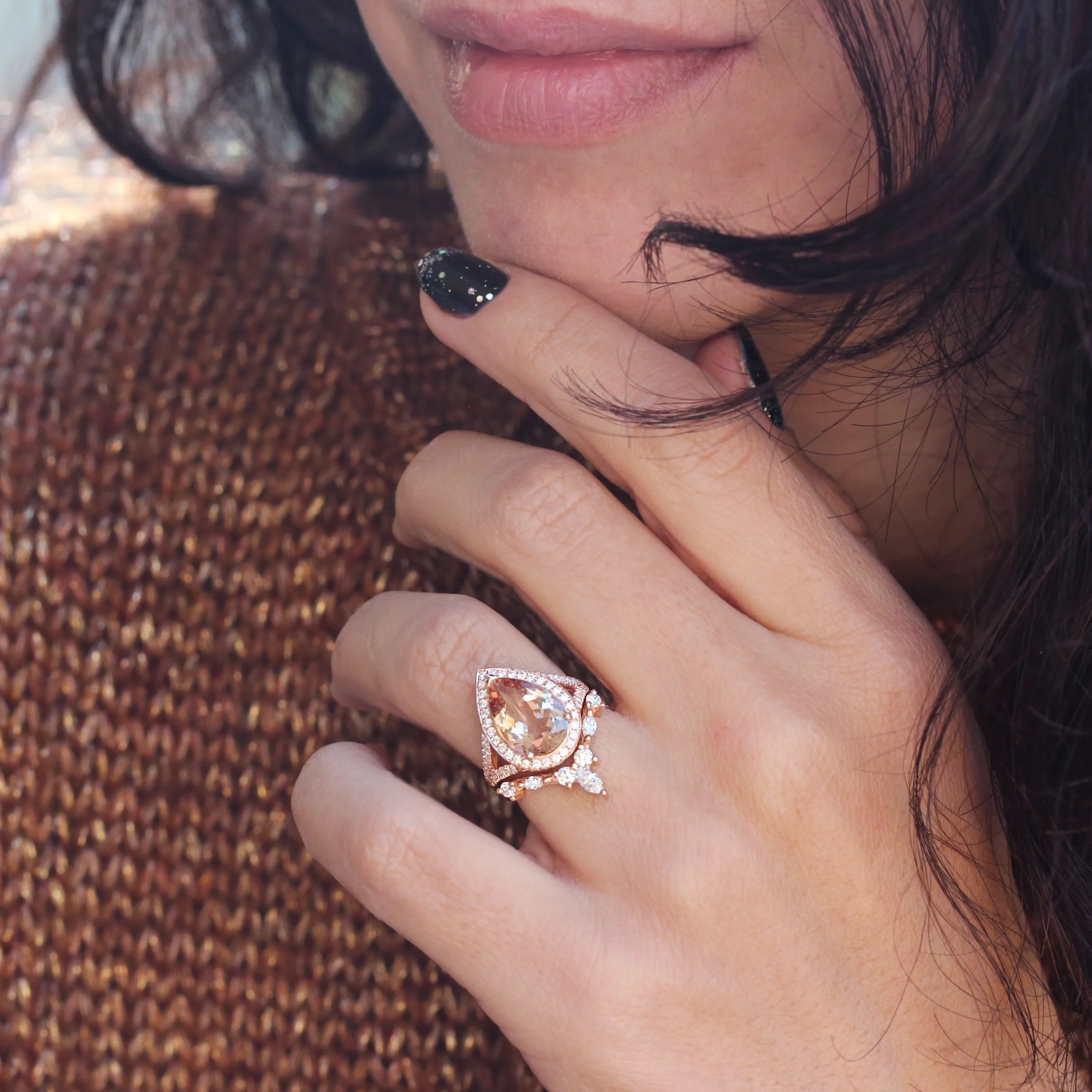 Pear 3.0ct big Morganite & Diamond Halo Bridal Two Ring Set, Nia Cocktail