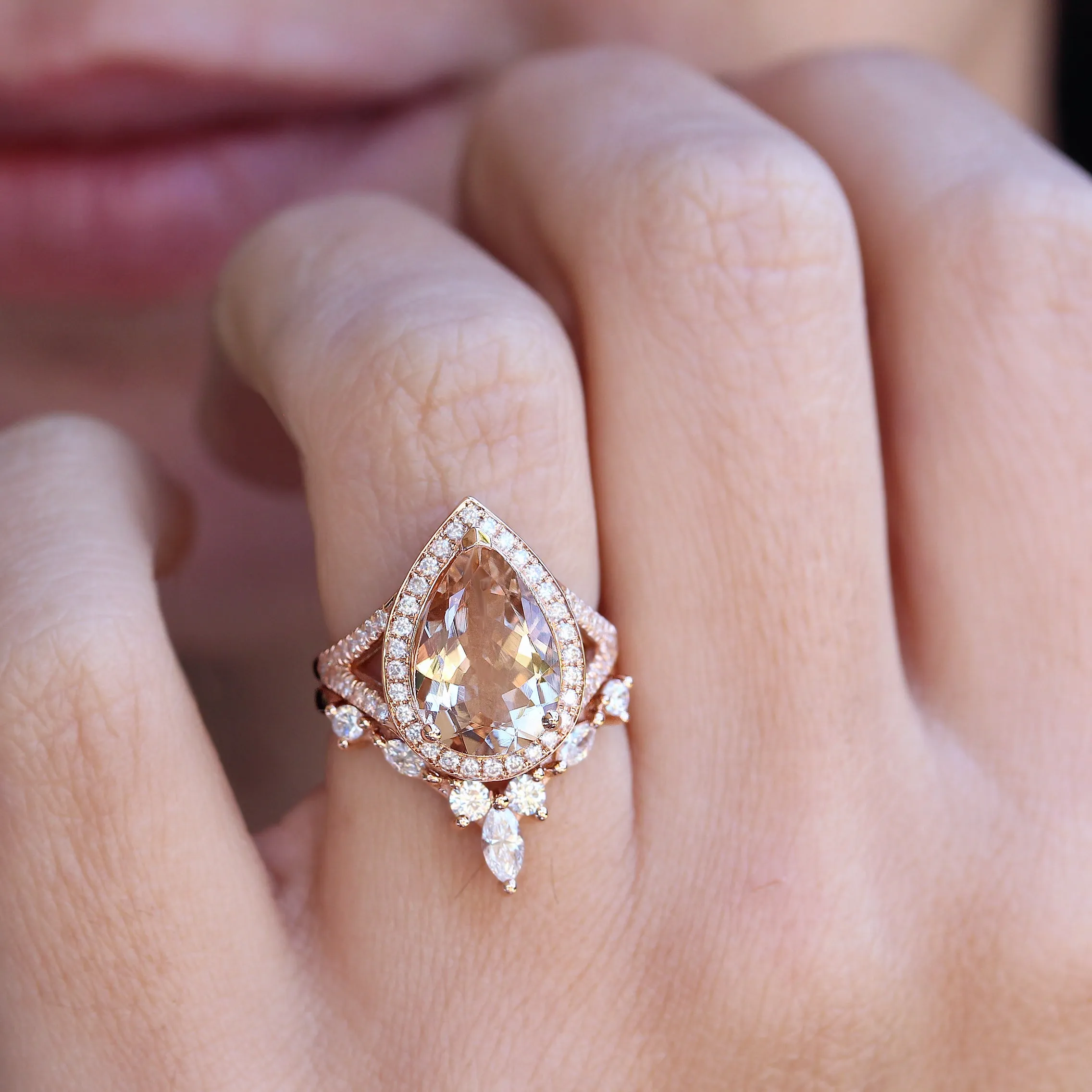Pear 3.0ct big Morganite & Diamond Halo Bridal Two Ring Set, Nia Cocktail