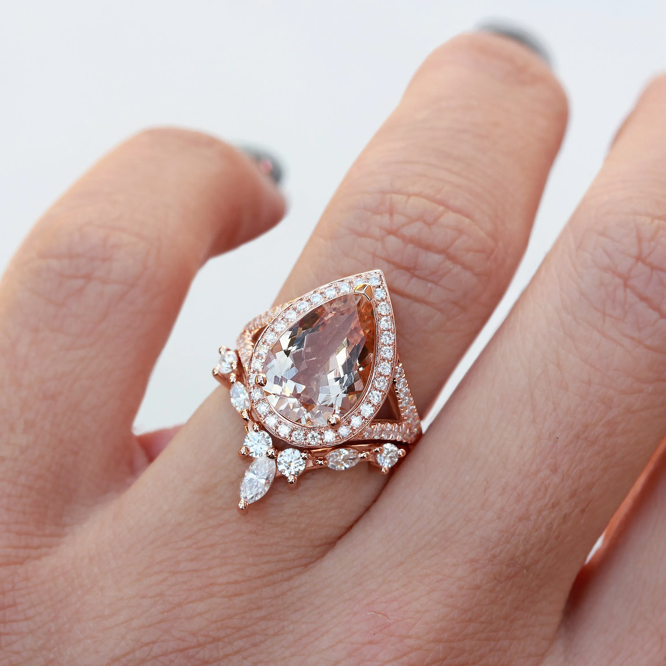Pear 3.0ct big Morganite & Diamond Halo Bridal Two Ring Set, Nia Cocktail