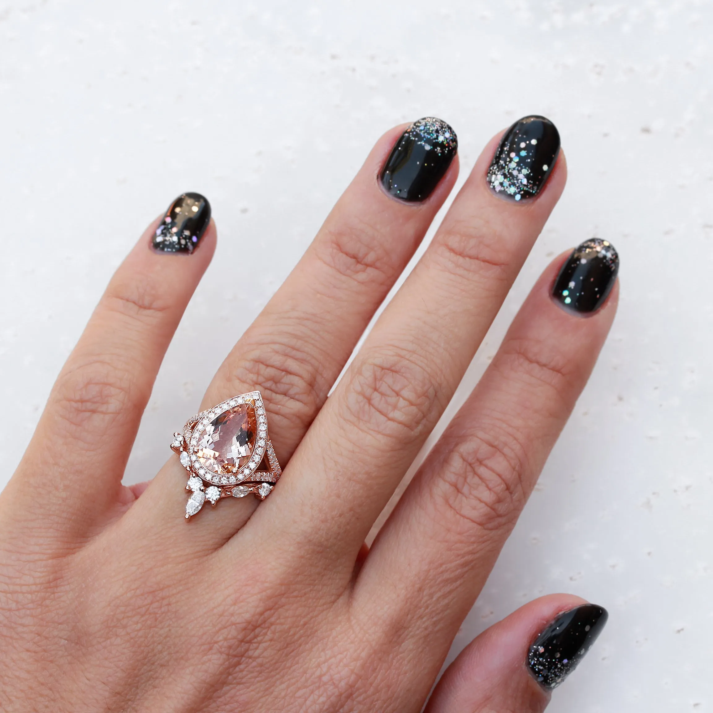 Pear 3.0ct big Morganite & Diamond Halo Bridal Two Ring Set, Nia Cocktail