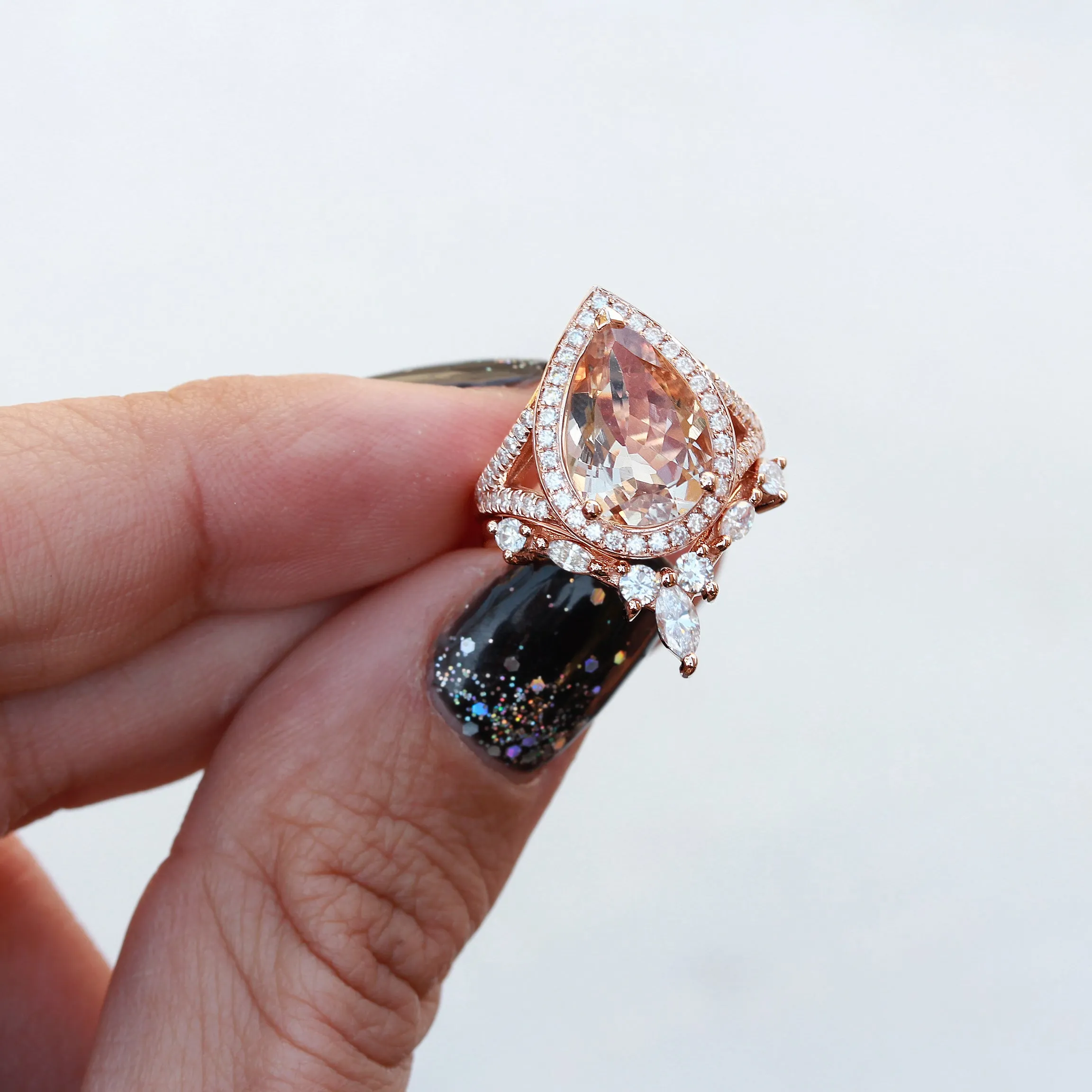 Pear 3.0ct big Morganite & Diamond Halo Bridal Two Ring Set, Nia Cocktail