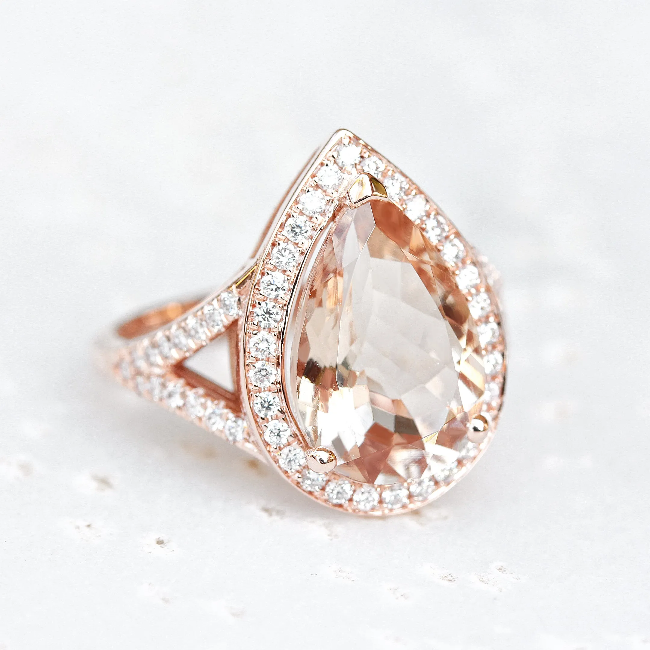 Pear 3.0ct big Morganite & Diamond Halo Bridal Two Ring Set, Nia Cocktail