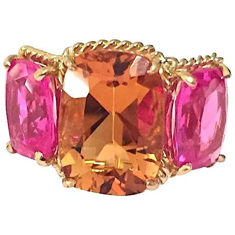 Pink Topaz and Rock Crystal Three Stone Ring with Rope Twist Border
